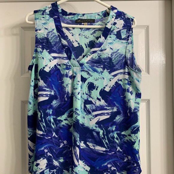 Rose & Olive Tops - Rose & Olive Women's Blue, Green and White Sleeveless Blouse, Size Large